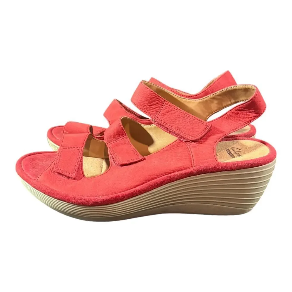 Clarks Women’s Reedly Juno Red Leather Nubuck Wedge Sandals Size 10 M